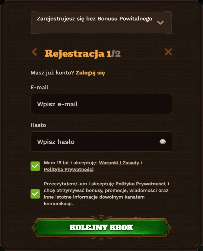 Fat Pirate casino formularz rejestracji krok 1 z e-mailem, hasłem i zgodami