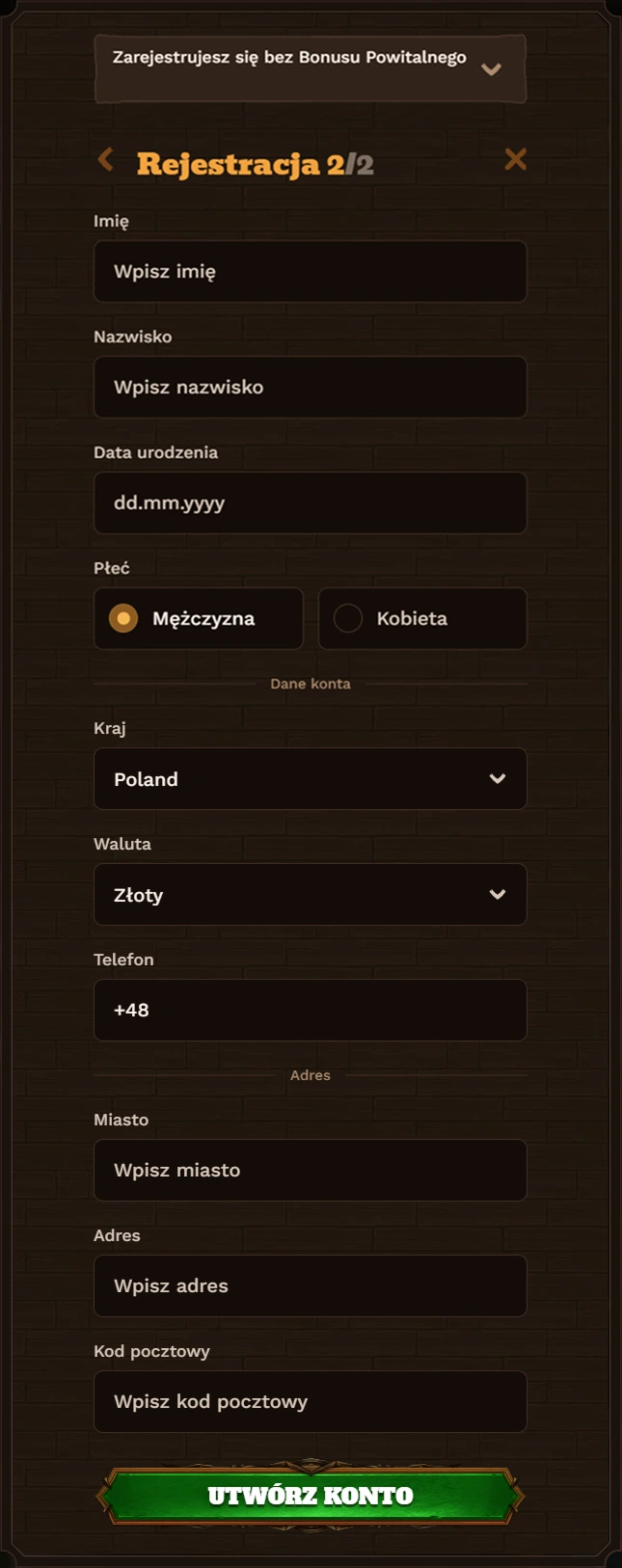 Fat Pirate casino formularz rejestracji krok 2 z danymi osobowymi i adresem